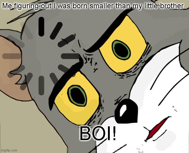 Trying to process what happened. | Me figuring out I was born smaller than my little brother; BOI! | image tagged in memes,unsettled tom | made w/ Imgflip meme maker