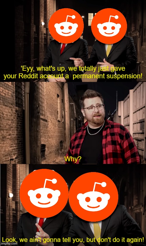Reddit's help desk is as useless as a book on how to speak French, translated to German, and given to an illiterate redneck | 'Eyy, what's up, we totally just gave your Reddit account a  permanent suspension! Why? Look, we ain't gonna tell you, but don't do it again! | image tagged in tomska,reddit | made w/ Imgflip meme maker