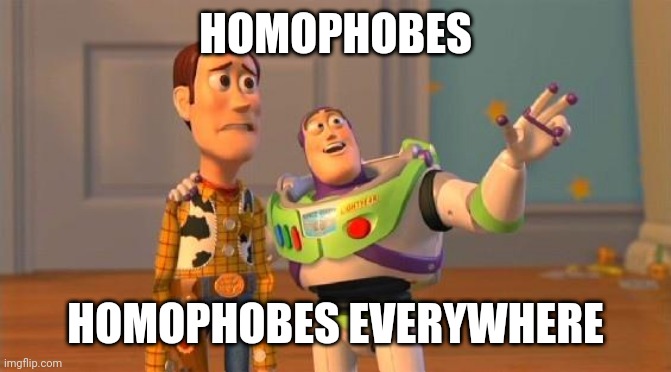 Homophobes Homophobes everywhere | HOMOPHOBES; HOMOPHOBES EVERYWHERE | image tagged in toystory everywhere | made w/ Imgflip meme maker