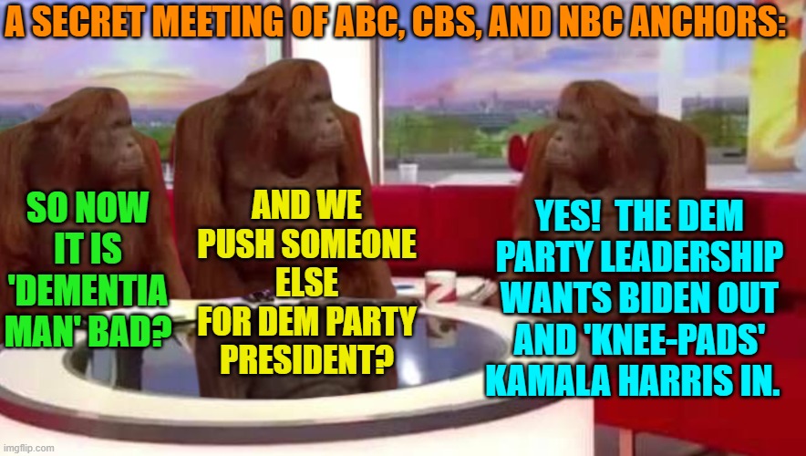 When the 'WORD' comes down from on high. | AND WE PUSH SOMEONE ELSE FOR DEM PARTY PRESIDENT? A SECRET MEETING OF ABC, CBS, AND NBC ANCHORS:; YES!  THE DEM PARTY LEADERSHIP WANTS BIDEN OUT AND 'KNEE-PADS' KAMALA HARRIS IN. SO NOW IT IS 'DEMENTIA MAN' BAD? | image tagged in where monkey | made w/ Imgflip meme maker