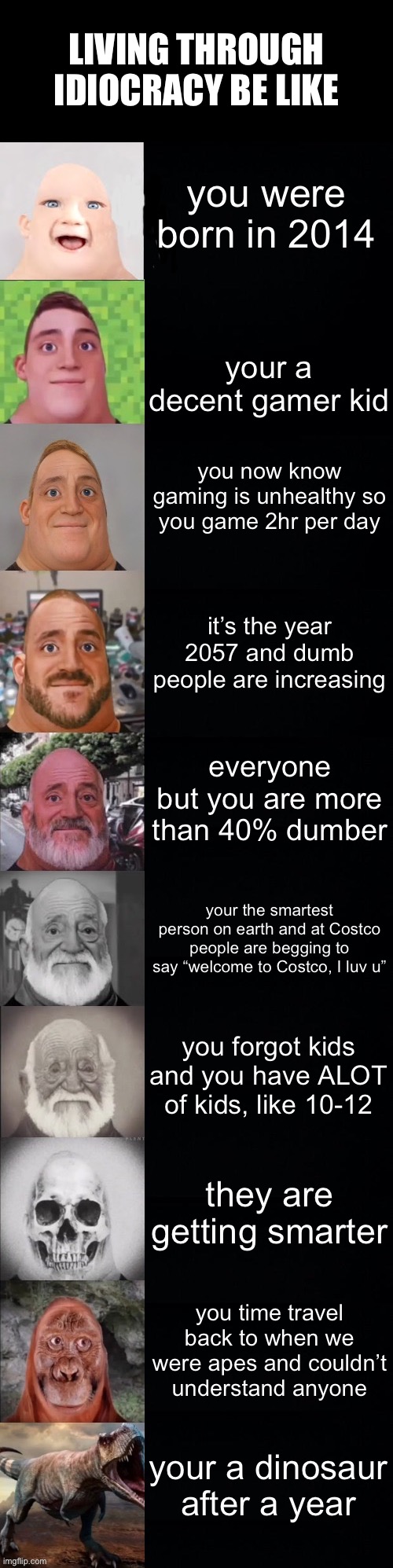 Idiocracy Life | LIVING THROUGH IDIOCRACY BE LIKE; you were born in 2014; your a decent gamer kid; you now know gaming is unhealthy so you game 2hr per day; it’s the year 2057 and dumb people are increasing; everyone but you are more than 40% dumber; your the smartest person on earth and at Costco people are begging to say “welcome to Costco, I luv u”; you forgot kids and you have ALOT of kids, like 10-12; they are getting smarter; you time travel back to when we were apes and couldn’t understand anyone; your a dinosaur after a year | image tagged in mr incredible becoming old,long time,funny,golden,memes | made w/ Imgflip meme maker
