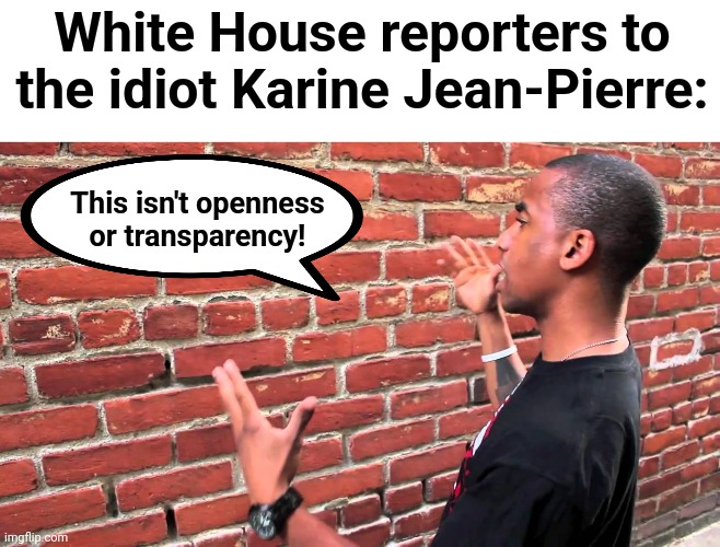 Talking to wall | White House reporters to the idiot Karine Jean-Pierre:; This isn't openness
or transparency! | image tagged in talking to wall,karine jean-pierre,democrats,white house,openness and transparency,hypocrisy | made w/ Imgflip meme maker