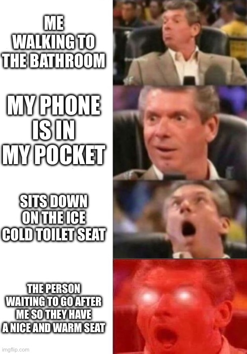 Mr. McMahon reaction | ME WALKING TO THE BATHROOM; MY PHONE IS IN MY POCKET; SITS DOWN ON THE ICE COLD TOILET SEAT; THE PERSON WAITING TO GO AFTER ME SO THEY HAVE A NICE AND WARM SEAT | image tagged in mr mcmahon reaction | made w/ Imgflip meme maker