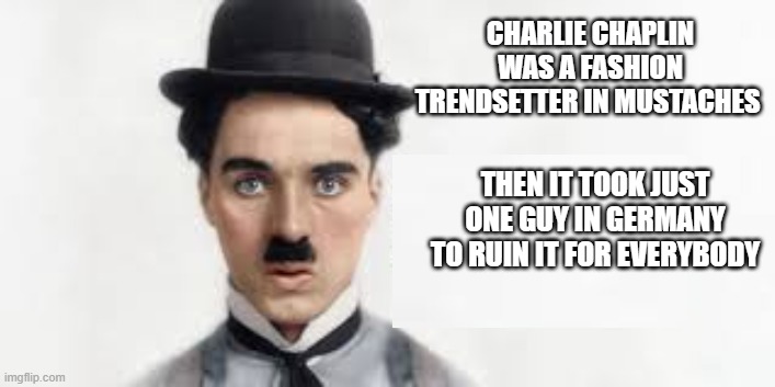 Charlie Chaplin | CHARLIE CHAPLIN WAS A FASHION TRENDSETTER IN MUSTACHES; THEN IT TOOK JUST ONE GUY IN GERMANY TO RUIN IT FOR EVERYBODY | image tagged in charlie chaplin,charlie sheen | made w/ Imgflip meme maker