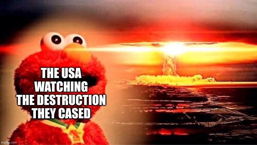 the bombing of herashima | THE USA WATCHING THE DESTRUCTION THEY CASED | image tagged in elmo nuclear explosion | made w/ Imgflip meme maker