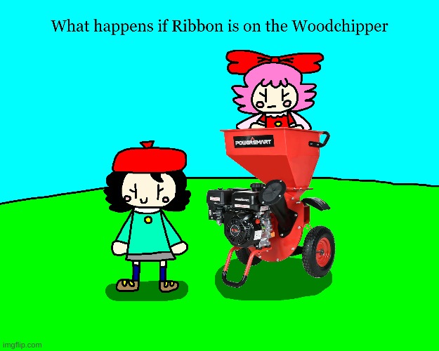 Ribbon on the Woodchipper | image tagged in kirby,woodchipper,funny,fanart,cute,parody | made w/ Imgflip meme maker