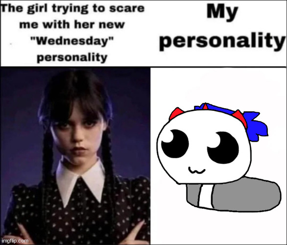 The girl trying to scare me with her new Wednesday personality | image tagged in the girl trying to scare me with her new wednesday personality | made w/ Imgflip meme maker