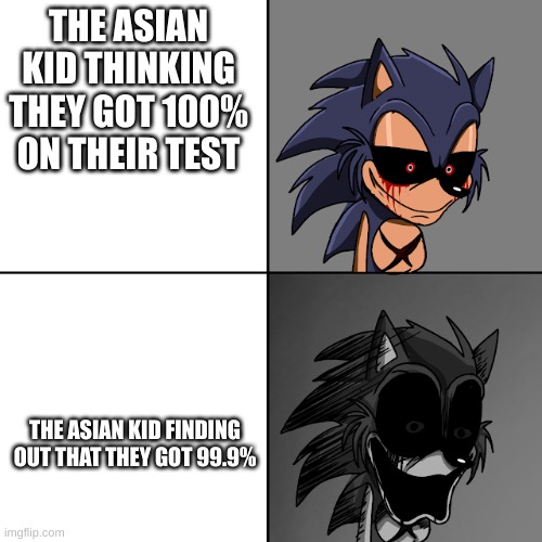 Lord X Uncanny Template | THE ASIAN KID THINKING THEY GOT 100% ON THEIR TEST THE ASIAN KID FINDING OUT THAT THEY GOT 99.9% | image tagged in lord x uncanny template | made w/ Imgflip meme maker