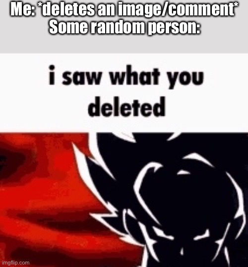i saw what you deleted | Me: *deletes an image/comment*
Some random person: | image tagged in i saw what you deleted | made w/ Imgflip meme maker
