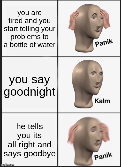 Panik Kalm Panik | you are tired and you start telling your problems to a bottle of water; you say goodnight; he tells you its all right and says goodbye | image tagged in memes,panik kalm panik | made w/ Imgflip meme maker