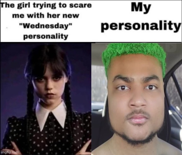 The girl trying to scare me with her new Wednesday personality | image tagged in the girl trying to scare me with her new wednesday personality | made w/ Imgflip meme maker
