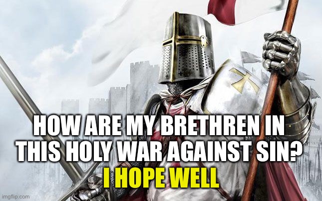 How are my friends?. | HOW ARE MY BRETHREN IN THIS HOLY WAR AGAINST SIN? I HOPE WELL | image tagged in badass crusader,wholesome | made w/ Imgflip meme maker