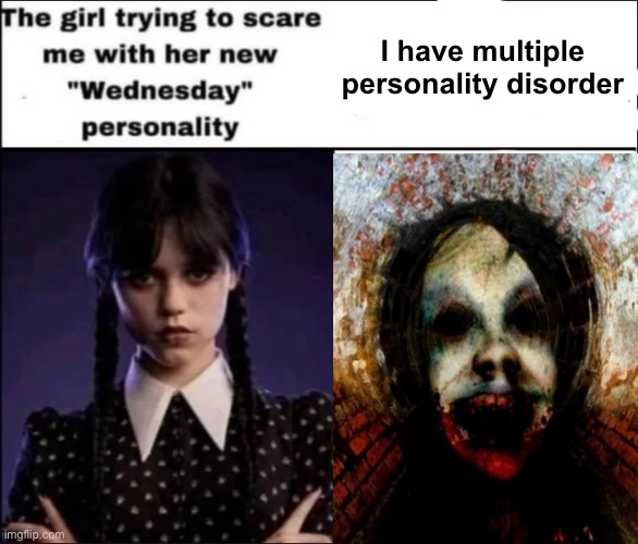 The girl trying to scare me with her new Wednesday personality | I have multiple personality disorder | image tagged in the girl trying to scare me with her new wednesday personality,memes | made w/ Imgflip meme maker