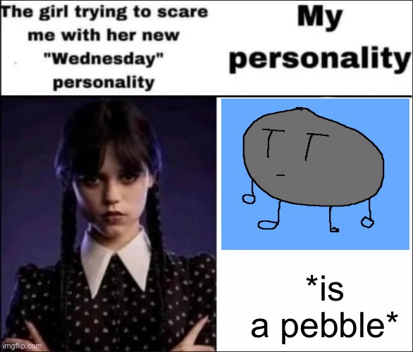 pebble | *is a pebble* | image tagged in the girl trying to scare me with her new wednesday personality,pebble | made w/ Imgflip meme maker