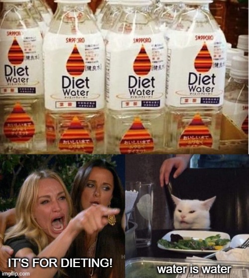 water is water |  IT'S FOR DIETING! water is water | image tagged in memes,woman yelling at cat,dieting,math is math,meanwhile in japan | made w/ Imgflip meme maker