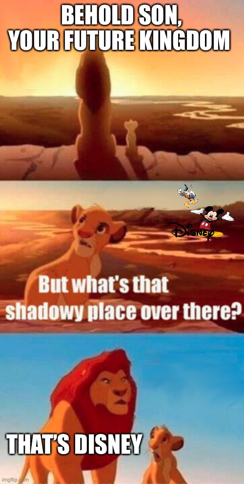 Simba Shadowy Place |  BEHOLD SON, YOUR FUTURE KINGDOM; THAT’S DISNEY | image tagged in memes,simba shadowy place | made w/ Imgflip meme maker