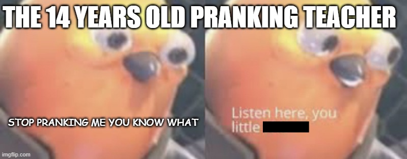 Bruh | THE 14 YEARS OLD PRANKING TEACHER; STOP PRANKING ME YOU KNOW WHAT | image tagged in listen here you little shit bird | made w/ Imgflip meme maker