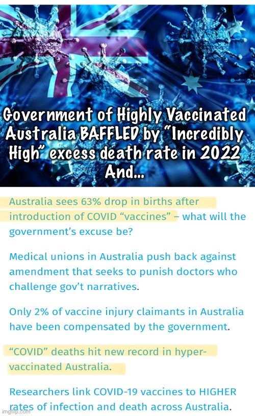 These Experts are still “BAFFLED” about it, Three YEARS After I had learned the Truth.  And, I’m just a bonehead | Government of Highly Vaccinated
Australia BAFFLED by “Incredibly
High” excess death rate in 2022
And… | image tagged in memes,boring reality,u may not be able to comprehend it,if u r a democrat,globalists n leftists can kissmyass | made w/ Imgflip meme maker