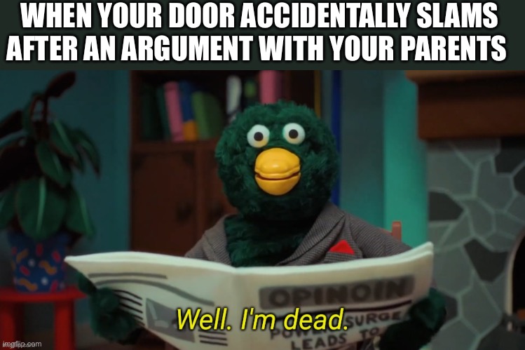 Welp | WHEN YOUR DOOR ACCIDENTALLY SLAMS AFTER AN ARGUMENT WITH YOUR PARENTS | image tagged in don't hug me i'm scared i'm dead | made w/ Imgflip meme maker