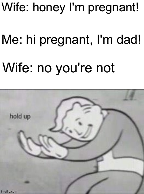O-O | Wife: honey I'm pregnant! Me: hi pregnant, I'm dad! Wife: no you're not | image tagged in fallout hold up with space on the top | made w/ Imgflip meme maker