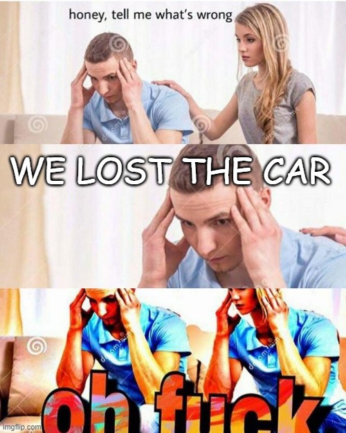 No | WE LOST THE CAR | image tagged in honey tell me what's wrong | made w/ Imgflip meme maker