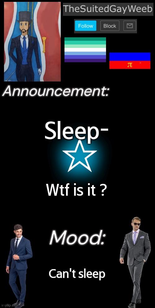 No Sleep | Sleep-; Wtf is it ? Can't sleep | image tagged in thesuitedgayweeb s announcement temp | made w/ Imgflip meme maker