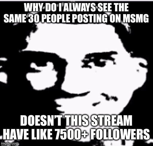 There are sometimes new users that comment but not any that I know of that post | WHY DO I ALWAYS SEE THE SAME 30 PEOPLE POSTING ON MSMG; DOESN’T THIS STREAM HAVE LIKE 7500+ FOLLOWERS | image tagged in based sigma male | made w/ Imgflip meme maker