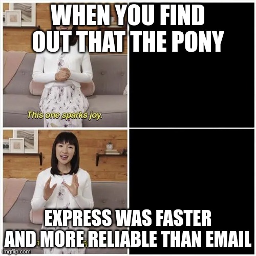 ponyexpress | WHEN YOU FIND OUT THAT THE PONY; EXPRESS WAS FASTER AND MORE RELIABLE THAN EMAIL | image tagged in pony,email,memes,meme | made w/ Imgflip meme maker