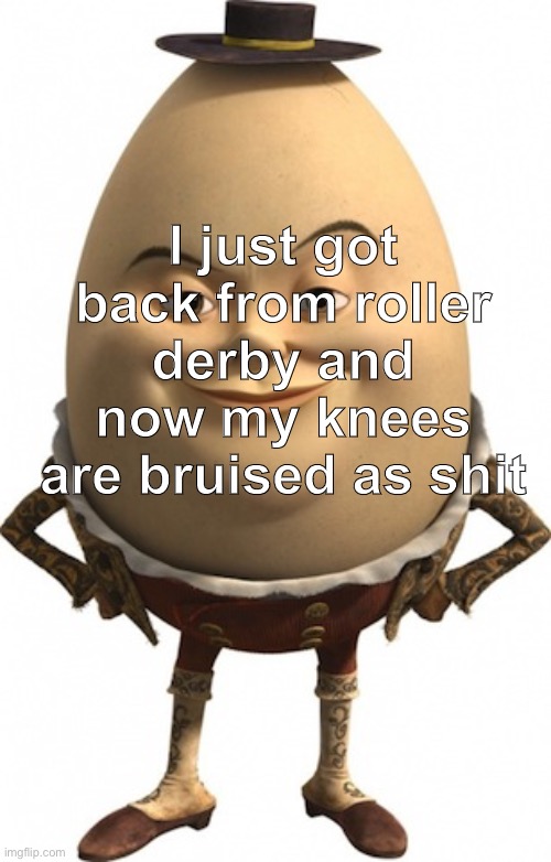 humpty dumpty | I just got back from roller derby and now my knees are bruised as shit | image tagged in humpty dumpty | made w/ Imgflip meme maker