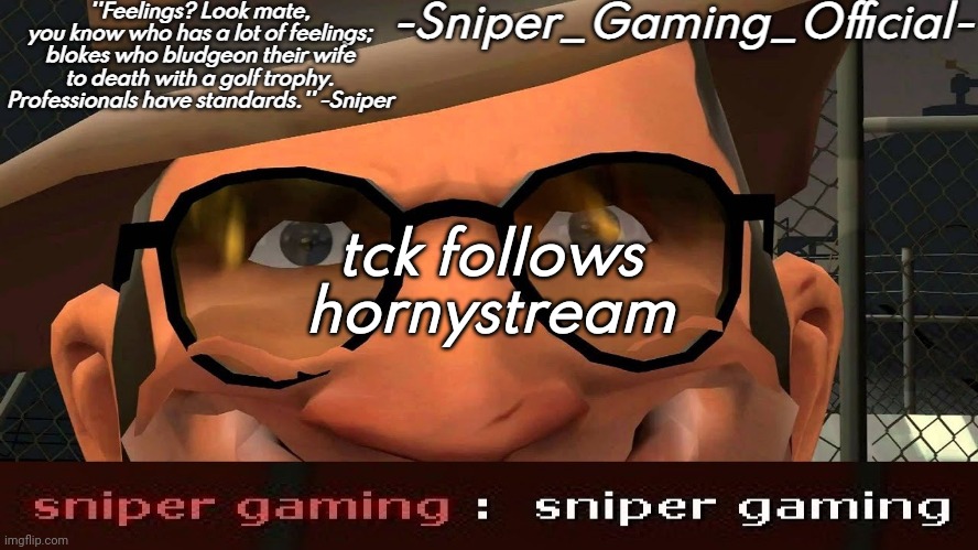sniper gaming temp | tck follows hornystream | image tagged in sniper gaming temp | made w/ Imgflip meme maker