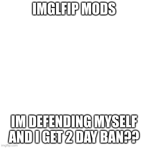 why you ban my comment i defended myself | IMGLFIP MODS; IM DEFENDING MYSELF AND I GET 2 DAY BAN?? | image tagged in memes,blank transparent square | made w/ Imgflip meme maker