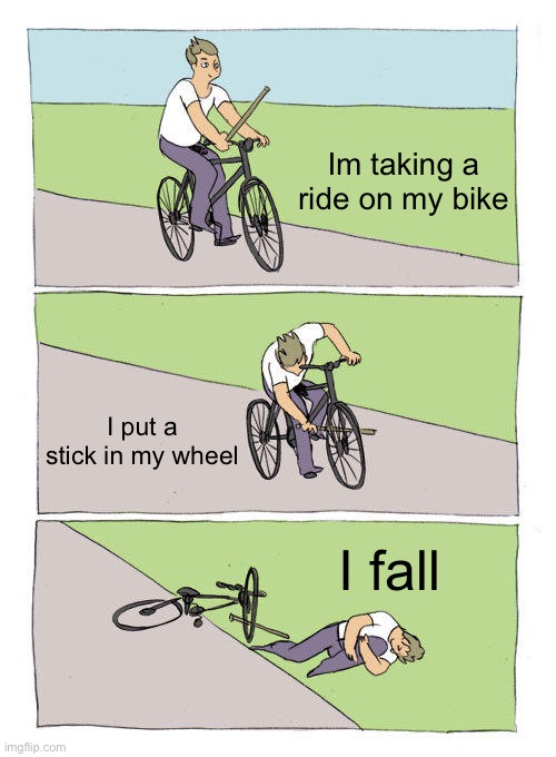 No ideas | Im taking a ride on my bike; I put a stick in my wheel; I fall | image tagged in memes,bike fall,funny,anti meme | made w/ Imgflip meme maker