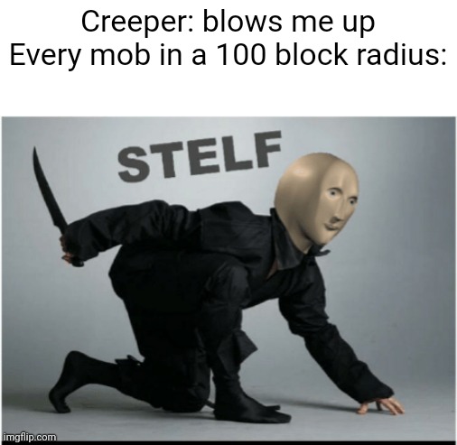 True :true: | Creeper: blows me up
Every mob in a 100 block radius: | image tagged in stelf,minecraft,minecraft creeper,boom,angry mob,relatable | made w/ Imgflip meme maker