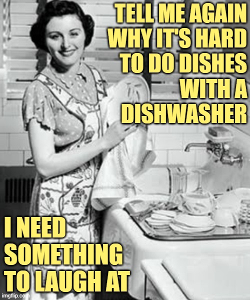 Sassy Dishwasher Humor | TELL ME AGAIN
WHY IT'S HARD
TO DO DISHES
WITH A
DISHWASHER; I NEED SOMETHING TO LAUGH AT | image tagged in washing dishes,dishwasher,1950s housewife,funny memes,life is hard,humor | made w/ Imgflip meme maker