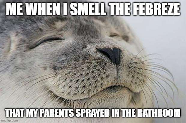 f | ME WHEN I SMELL THE FEBREZE; THAT MY PARENTS SPRAYED IN THE BATHROOM | image tagged in memes,satisfied seal,funny | made w/ Imgflip meme maker