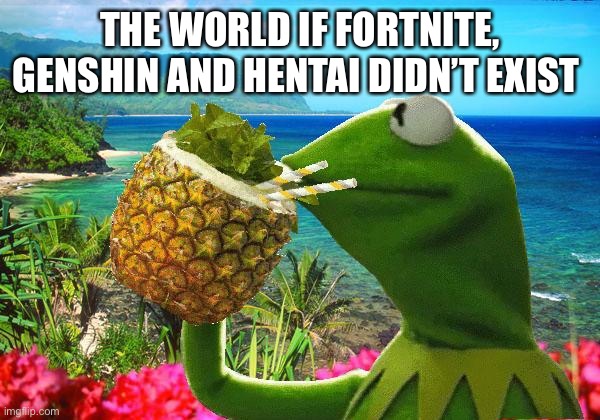 vacation kermit | THE WORLD IF FORTNITE, GENSHIN AND HENTAI DIDN’T EXIST | image tagged in vacation kermit | made w/ Imgflip meme maker