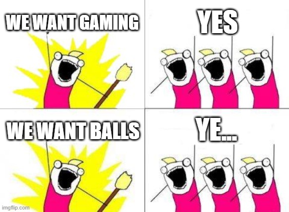 What Do We Want | WE WANT GAMING; YES; YE... WE WANT BALLS | image tagged in memes,what do we want | made w/ Imgflip meme maker