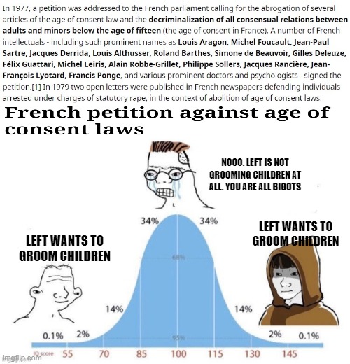 Grooming | NOOO. LEFT IS NOT GROOMING CHILDREN AT ALL. YOU ARE ALL BIGOTS; LEFT WANTS TO GROOM CHILDREN; LEFT WANTS TO GROOM CHILDREN | image tagged in bell curve | made w/ Imgflip meme maker