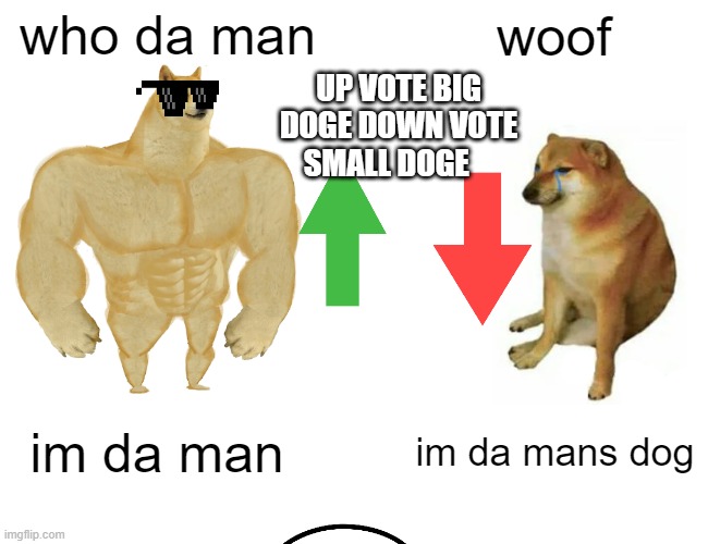 doge | who da man; woof; UP VOTE BIG DOGE DOWN VOTE SMALL DOGE; im da man; im da mans dog | image tagged in memes,buff doge vs cheems | made w/ Imgflip meme maker