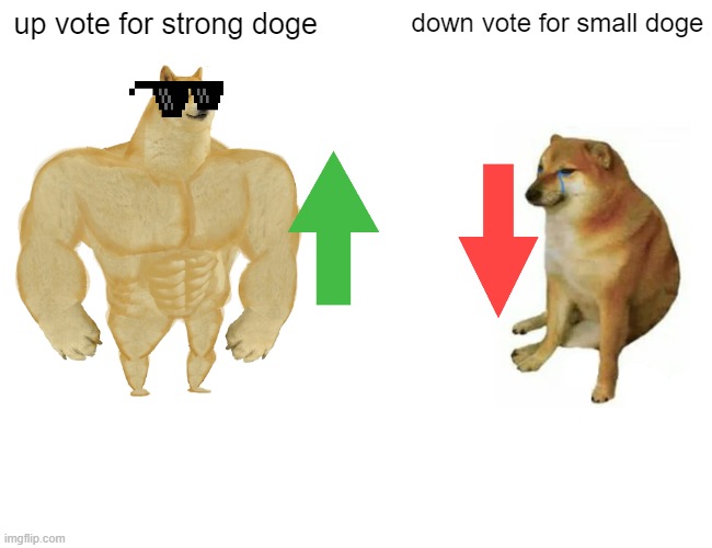 Buff Doge vs. Cheems Meme | up vote for strong doge; down vote for small doge | image tagged in memes,buff doge vs cheems,lol so funny,hahaha | made w/ Imgflip meme maker
