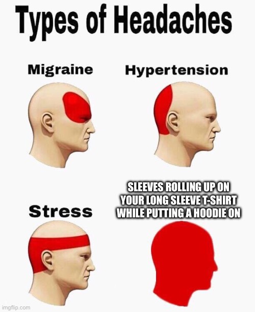 Oh no | SLEEVES ROLLING UP ON YOUR LONG SLEEVE T-SHIRT WHILE PUTTING A HOODIE ON | image tagged in headaches | made w/ Imgflip meme maker