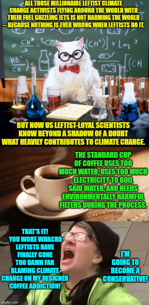 So coffee addicted leftists . . . the environment or your addiction -- choose . . . honestly. | ALL THOSE MILLIONAIRE LEFTIST CLIMATE CHANGE ACTIVISTS FLYING AROUND THE WORLD WITH THEIR FUEL GUZZLING JETS IS NOT HARMING THE WORLD -- BECAUSE NOTHING IS EVER WRONG WHEN LEFTISTS DO IT. BUT NOW US LEFTIST-LOYAL SCIENTISTS KNOW BEYOND A SHADOW OF A DOUBT WHAT HEAVILY CONTRIBUTES TO CLIMATE CHANGE. THE STANDARD CUP OF COFFEE USES TOO MUCH WATER, USES TOO MUCH ELECTRICITY TO BOIL SAID WATER, AND NEEDS ENVIRONMENTALLY HARMFUL FILTERS DURING THE PROCESS. THAT'S IT!  YOU WOKE WHACKO LEFTISTS HAVE FINALLY GONE TOO DAMN FAR BLAMING CLIMATE CHANGE ON MY DESIGNER COFFEE ADDICTION! I'M GOING TO BECOME A CONSERVATIVE! | image tagged in chemistry cat | made w/ Imgflip meme maker