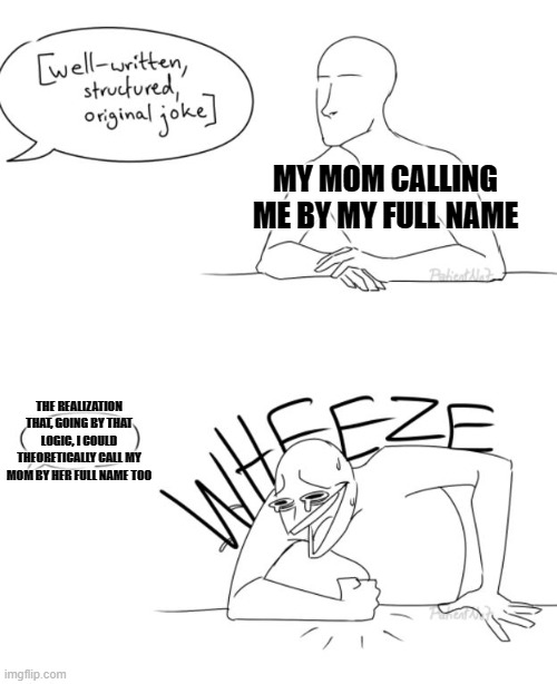 Wheeze | MY MOM CALLING ME BY MY FULL NAME; THE REALIZATION THAT, GOING BY THAT LOGIC, I COULD THEORETICALLY CALL MY MOM BY HER FULL NAME TOO | image tagged in wheeze | made w/ Imgflip meme maker