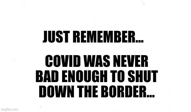 Just Remember... | COVID WAS NEVER BAD ENOUGH TO SHUT DOWN THE BORDER... JUST REMEMBER... | image tagged in covid,never,bad,enough,shut,border | made w/ Imgflip meme maker