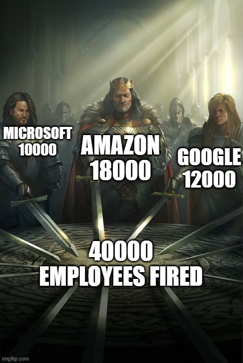 Tech giants are firing | MICROSOFT 10000; AMAZON 18000; GOOGLE 12000; 40000 EMPLOYEES FIRED | image tagged in knights of the round table,work,google,microsoft | made w/ Imgflip meme maker