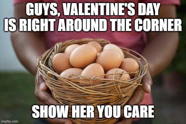 eggs | GUYS, VALENTINE'S DAY IS RIGHT AROUND THE CORNER; SHOW HER YOU CARE | image tagged in valentines day | made w/ Imgflip meme maker