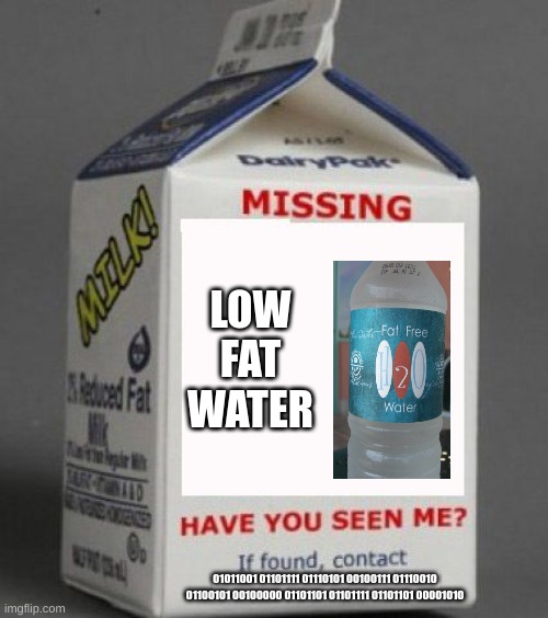 Low fat watter is missing |  LOW FAT WATER; 01011001 01101111 01110101 00100111 01110010 01100101 00100000 01101101 01101111 01101101 00001010 | image tagged in milk carton | made w/ Imgflip meme maker