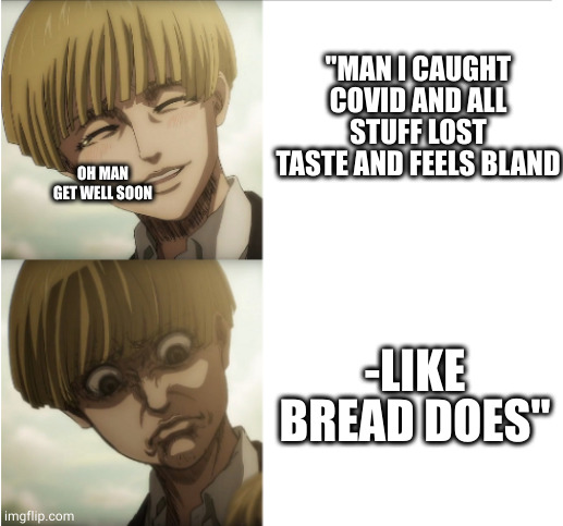 Yelena snk | "MAN I CAUGHT COVID AND ALL STUFF LOST TASTE AND FEELS BLAND; OH MAN GET WELL SOON; -LIKE BREAD DOES" | image tagged in yelena snk,memes | made w/ Imgflip meme maker