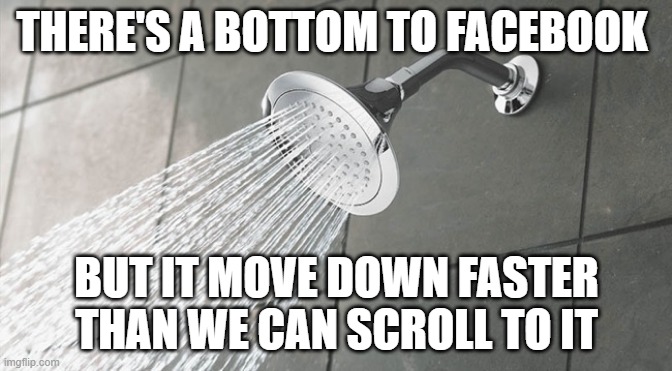 Facts | THERE'S A BOTTOM TO FACEBOOK; BUT IT MOVE DOWN FASTER THAN WE CAN SCROLL TO IT | image tagged in shower thoughts | made w/ Imgflip meme maker