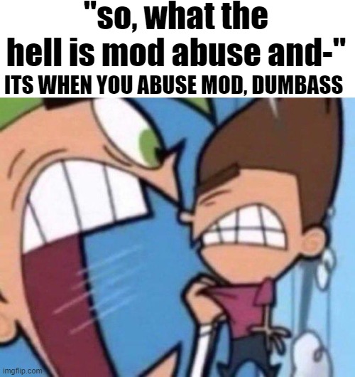 msmg explaining things: | "so, what the hell is mod abuse and-"; ITS WHEN YOU ABUSE MOD, DUMBASS | image tagged in cosmo yelling at timmy | made w/ Imgflip meme maker
